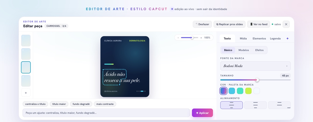 Tela real do editor de conteúdo da INfluxo Social